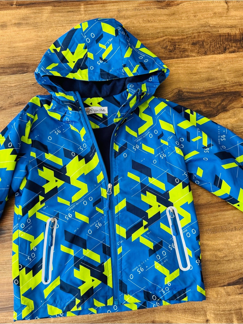 Danna Belle Size 6 Blue and Neon Yellow Geometric Hooded Kids Raincoat